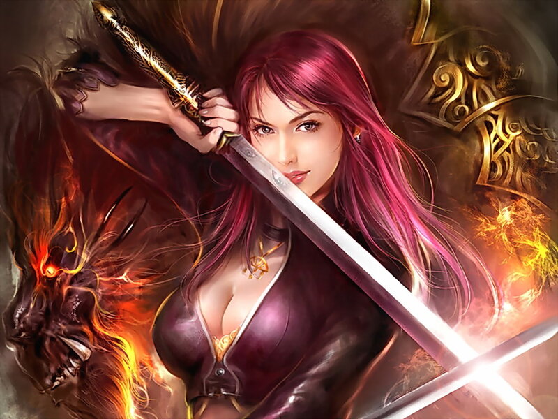 Woman with Sword — Purple, Dramatic, Digital Art