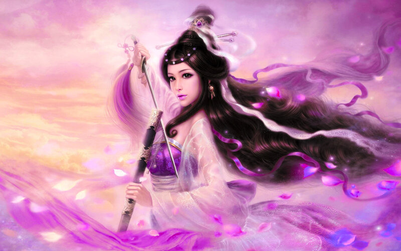 Woman with Sword — Purple, Dramatic, Sunset, Digital Art