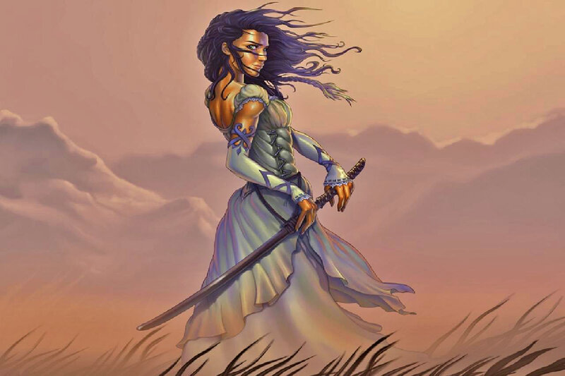 Woman with Sword — Purple, Dramatic, Sunset