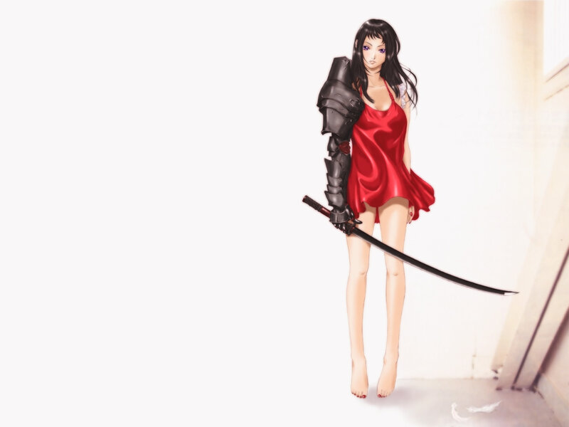 Woman with Sword — Red, Dramatic, Digital Art, Armored Arm