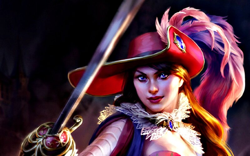 Woman with Sword — Red, Dramatic, Digital Art, Hat