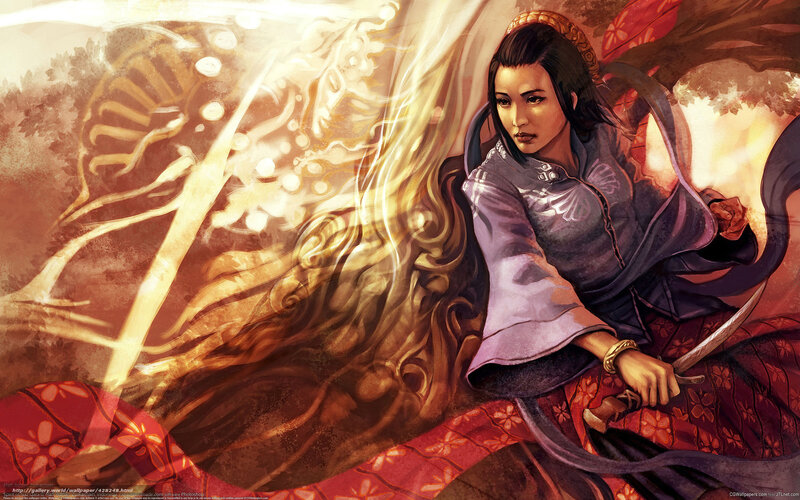 Woman with Sword — Red, Dramatic, Digital Art, Long Hair