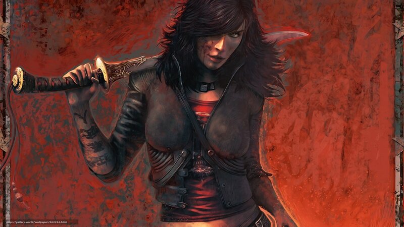 Woman with Sword — Red, Dramatic, Digital Art, Tattoo