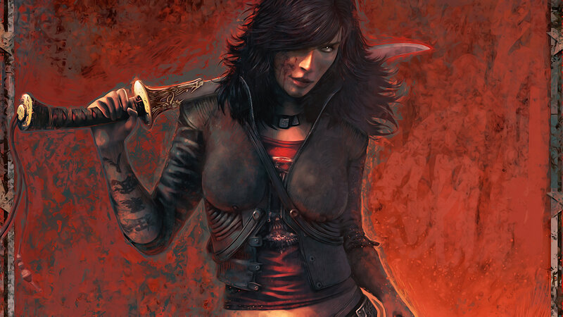 Woman with Sword — Red, Dramatic, Digital Art