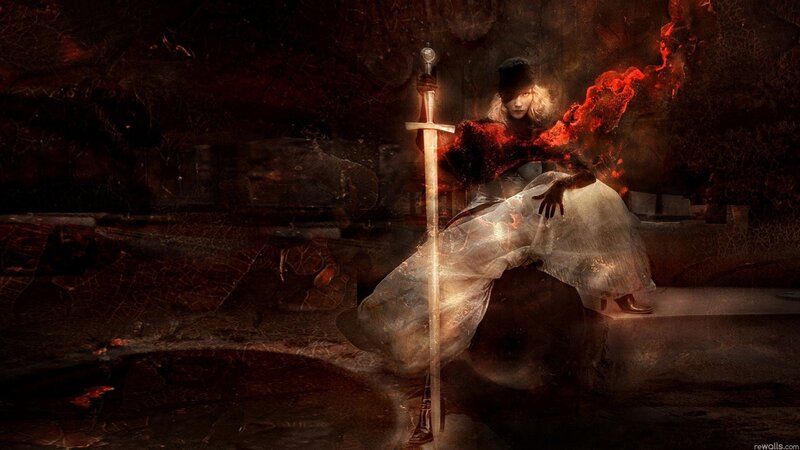 Woman with Sword — Red, Dramatic, Night