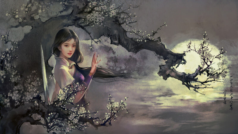 Woman with Sword under Blossoms — Gray