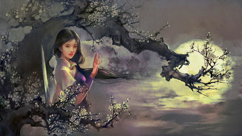Woman with Sword under Blossoms
