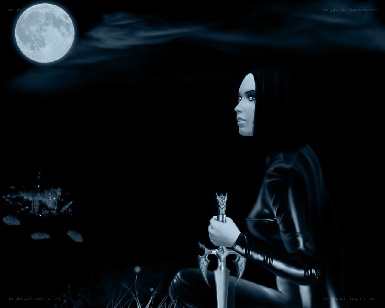 Woman with sword under moonlight