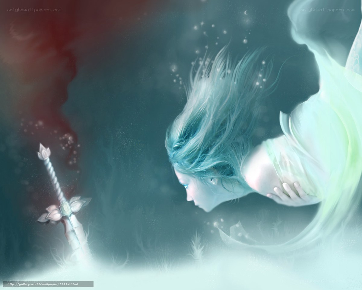 woman with sword underwater
