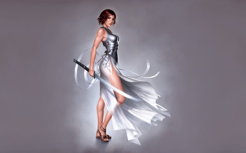 Woman with Sword — White, Dramatic, Digital Art, Dress