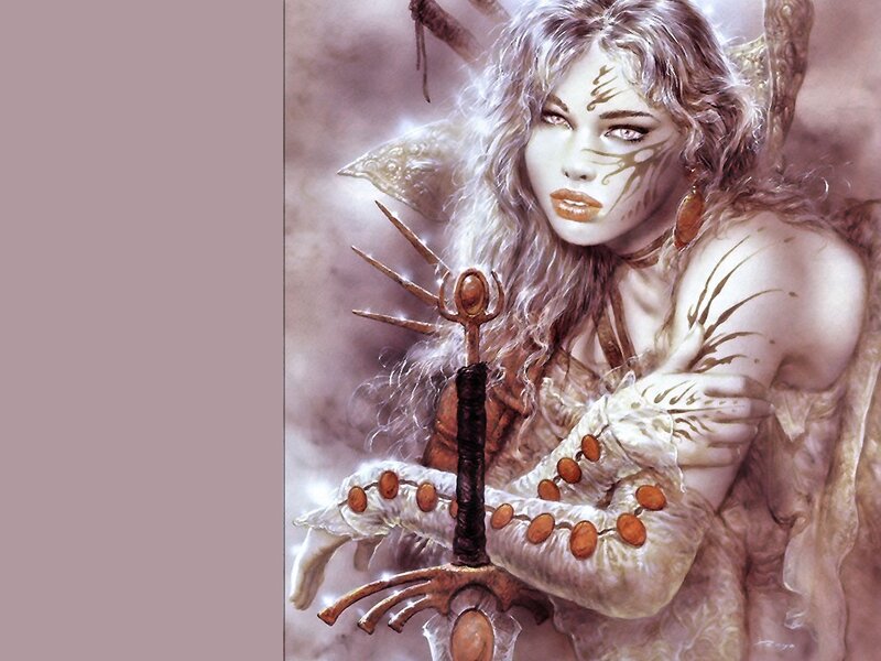 Woman with Sword — White, Dramatic, Digital Art, Face Paint