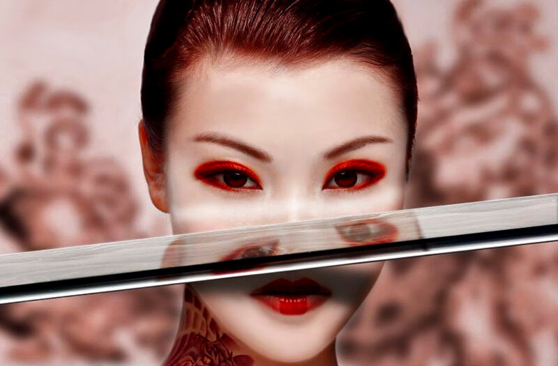 Woman with Sword — White, Dramatic, Digital Art, Red Makeup