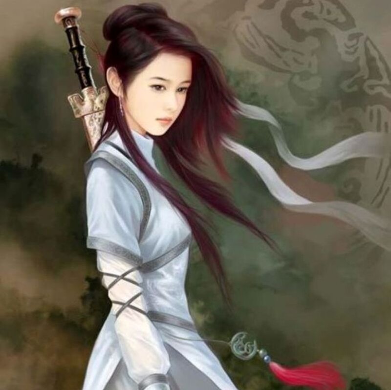 Woman with Sword — White, Dramatic, Digital Art, Ribbon