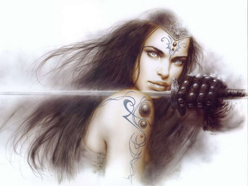 Woman with Sword — White, Dramatic, Digital Art, Tattoo, Gloves, Black