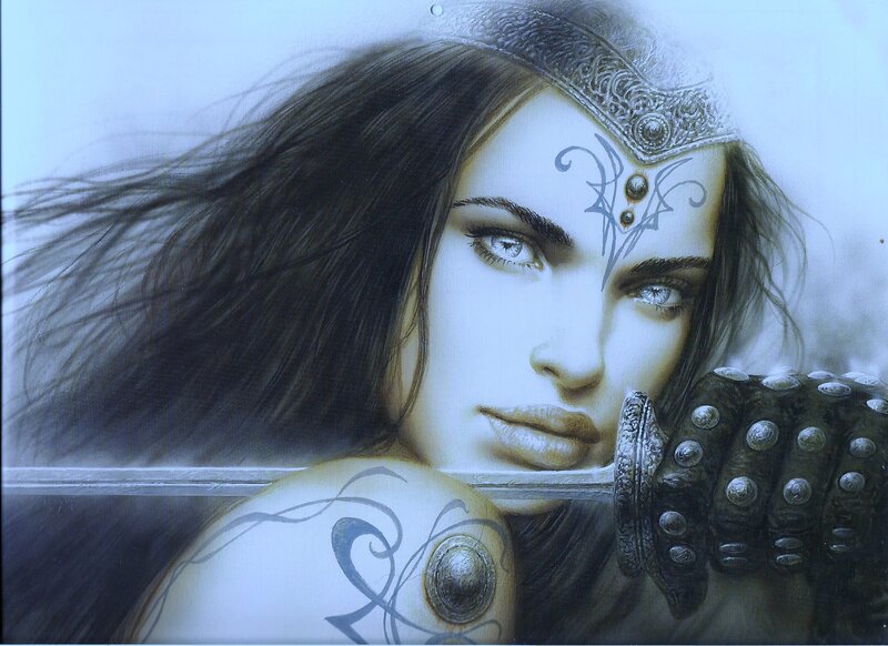 Woman with Sword — White, Dramatic, Digital Art, Tattoo