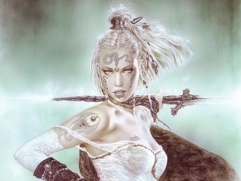 Woman with Sword — White, Dramatic, Digital Art, Tattoos