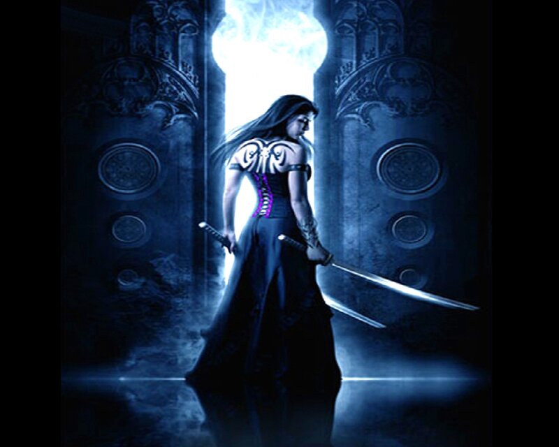 Woman with Swords — Blue, Dramatic, Night, Digital Art
