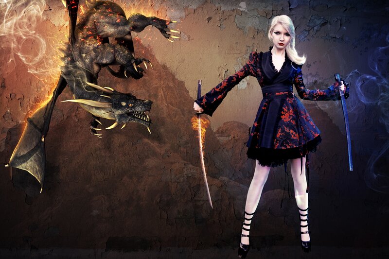 Woman with Swords Facing Dragon