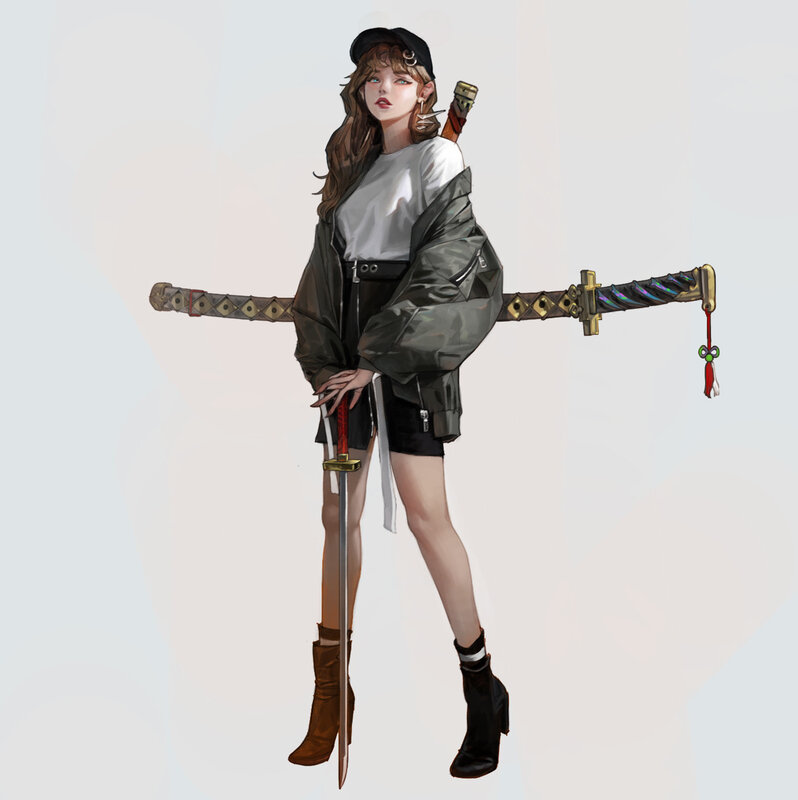 Woman with Swords — Gray, Confident