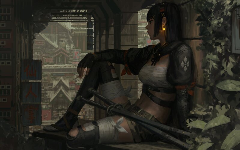 Woman with Swords — Gray, Dramatic