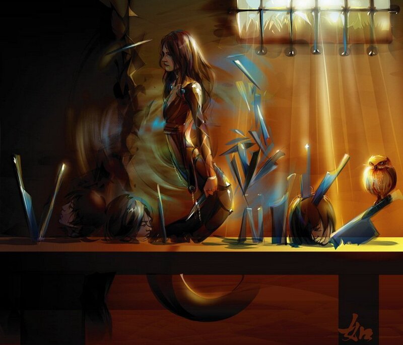Woman with swords in a dark room