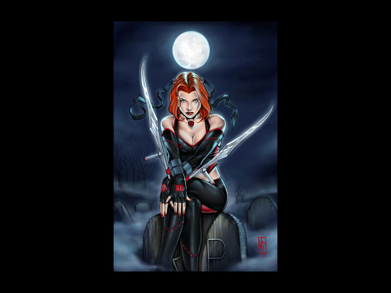 Woman with Swords in Graveyard — Black