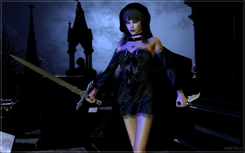 woman with swords in graveyard