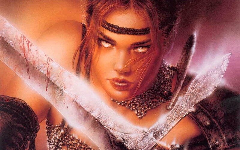 Woman with Swords — Red, Dramatic, Digital Art, Chain Necklace, Headband