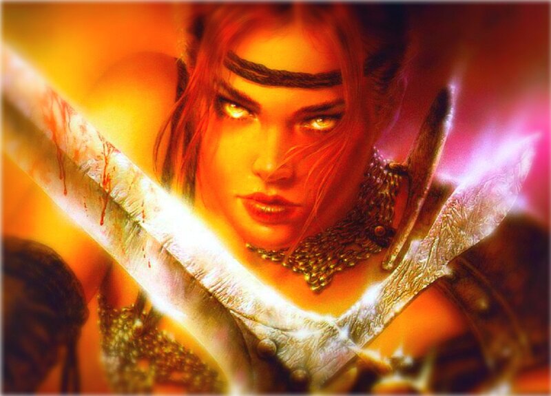 Woman with Swords — Red, Dramatic, Digital Art, Chain Necklace