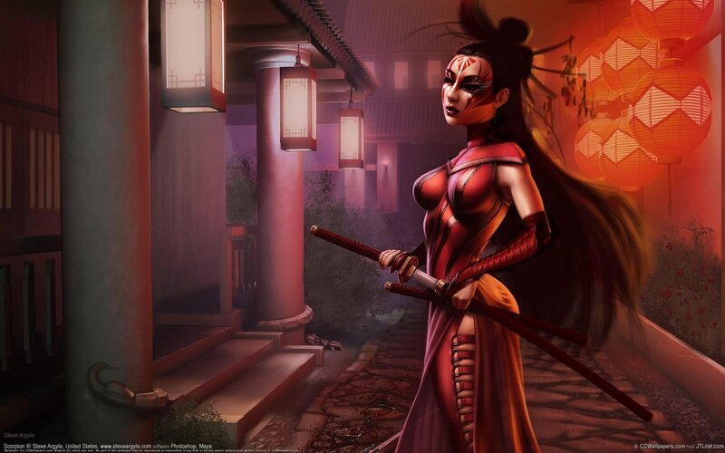 Woman with Swords — Red, Dramatic, Night, Digital Art