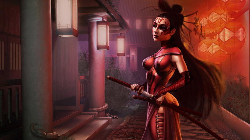 Woman with Swords — Red, Dramatic, Night