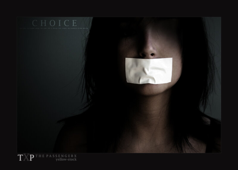 woman with tape over mouth