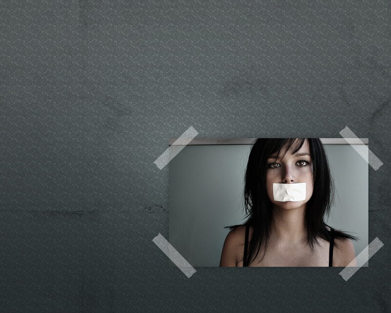 Woman with Tape over Mouth — Gray
