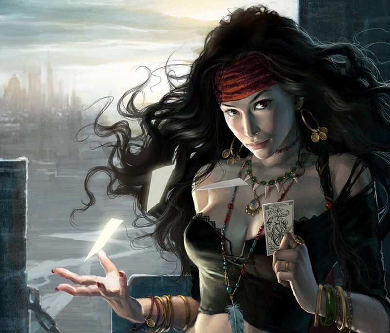 woman with tarot card and magic