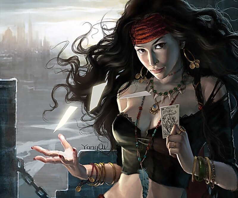 woman with tarot card and magic