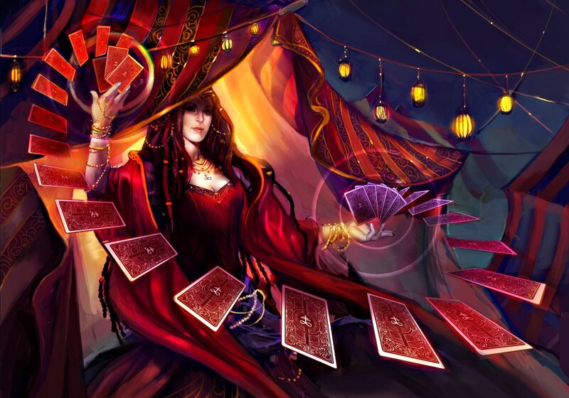 Woman with Tarot Cards — Red