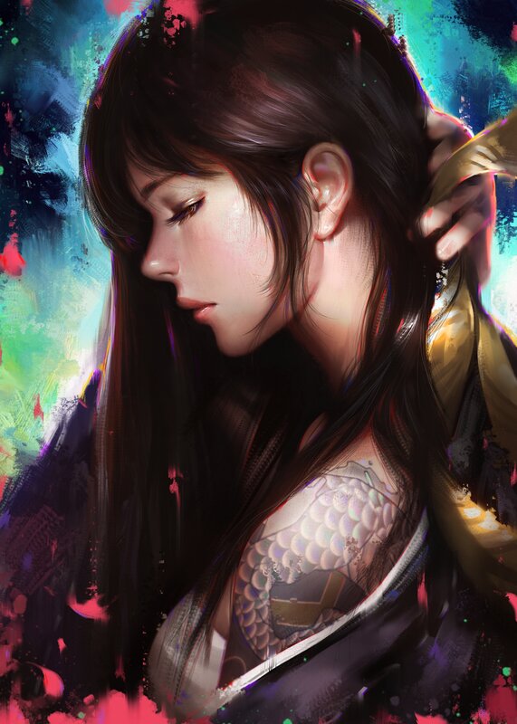 Woman with Tattoo — Black, Dramatic, Digital Art, Long Hair, Artistic Background