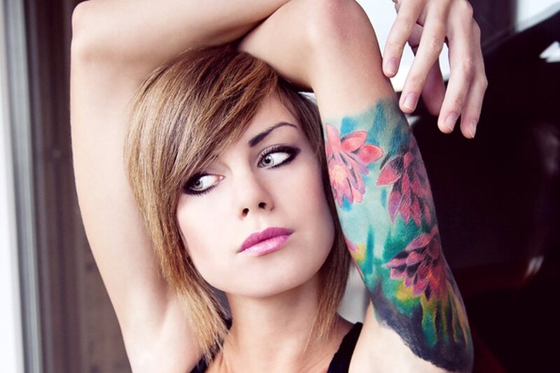 Woman with Tattoo — Brown, Dramatic, Photograph, Short Hair