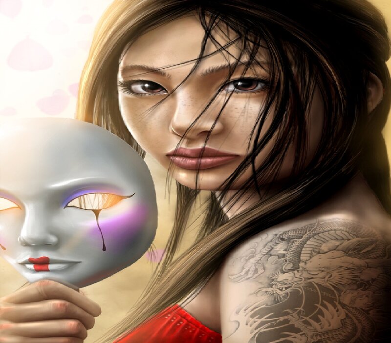 Woman with Tattoo Holding Mask