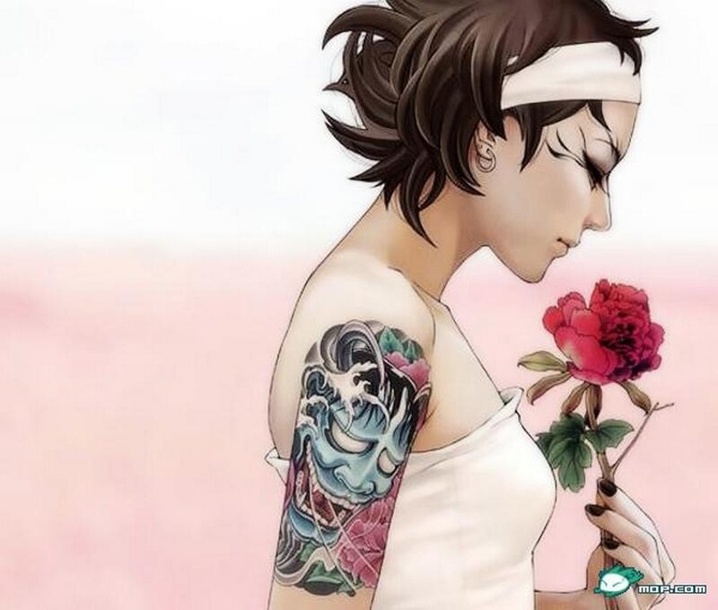 woman with tattoo holding rose