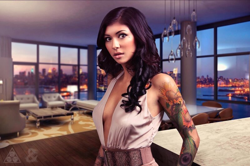 woman with tattoo in city apartment