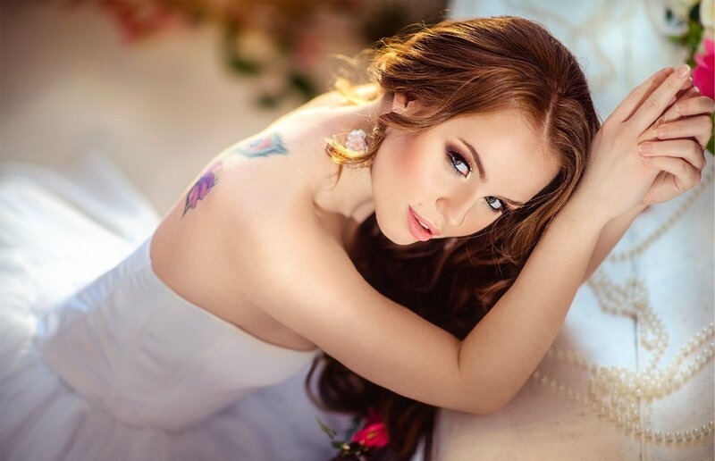 Woman with Tattoo — White, Dramatic, Photograph