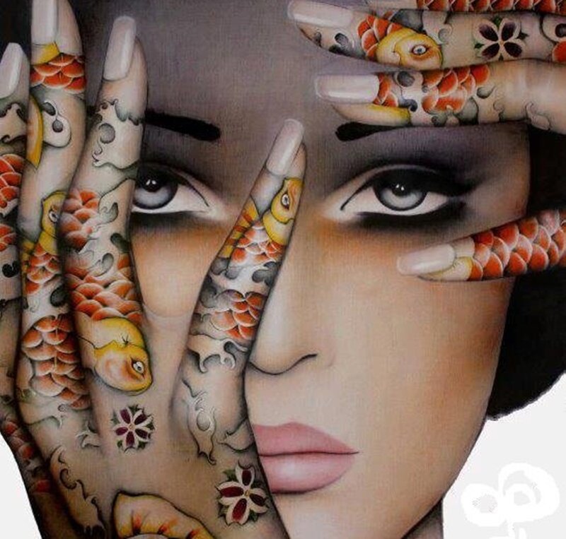 Woman with Tattooed Hands — Brown