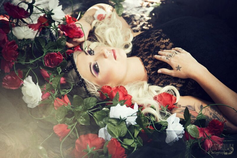 Woman with Tattoos and Flowers — Black, Dramatic, Afternoon