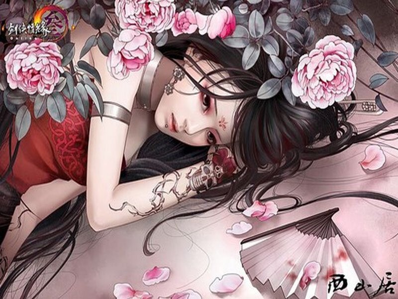 Woman with Tattoos and Flowers — Pink, Dramatic