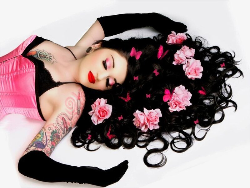 Woman with Tattoos and Flowers — Pink
