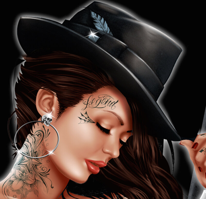 Woman with Tattoos and Hat — Black