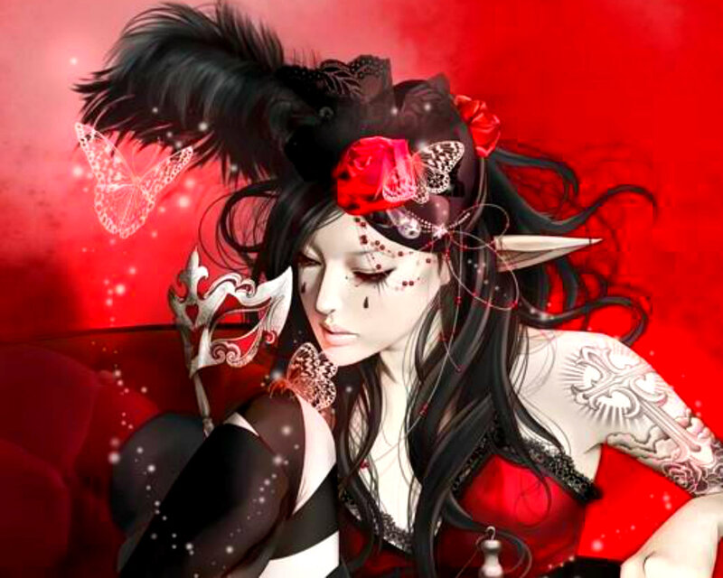 Woman with Tattoos and Mask — Red