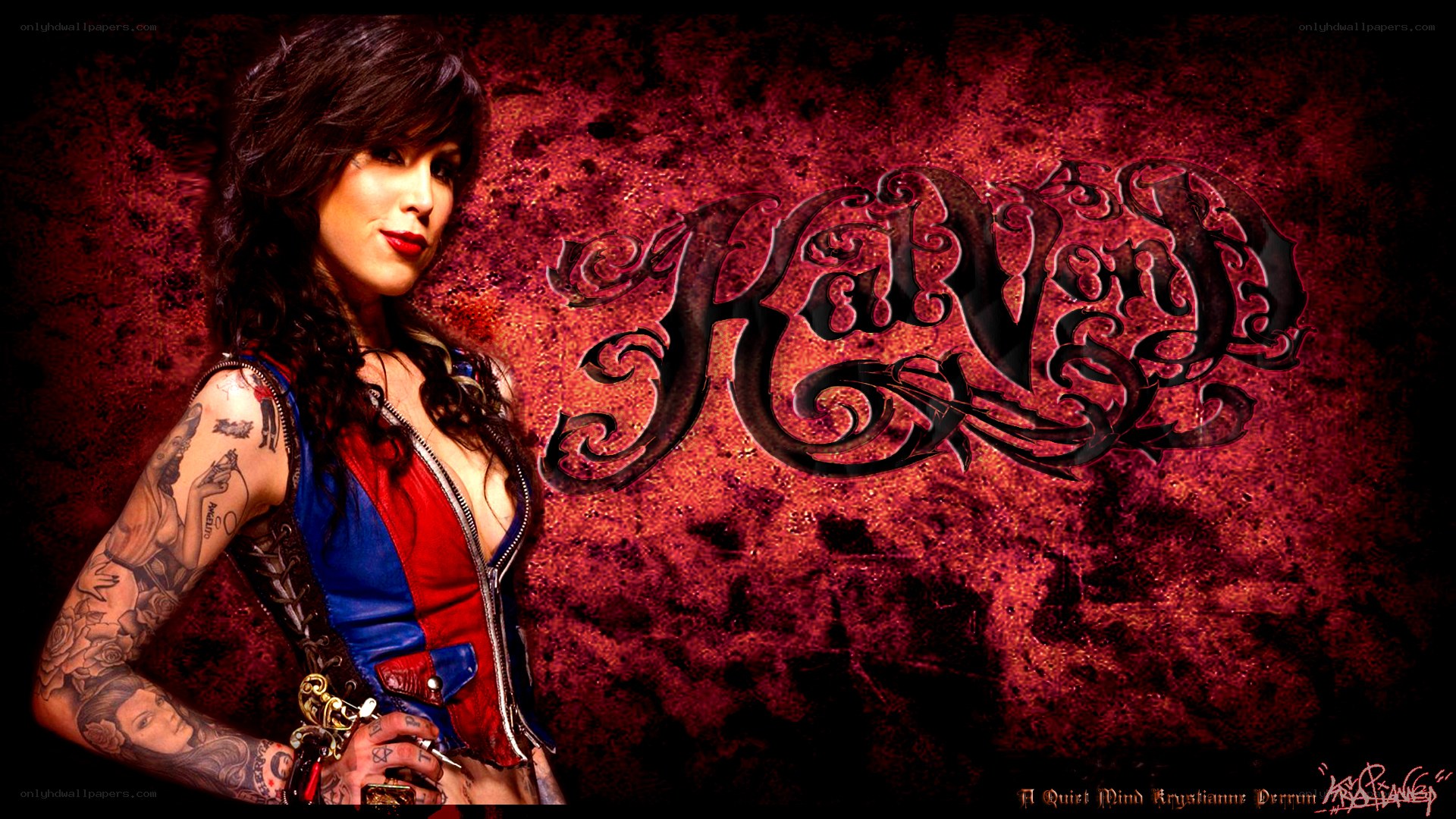 woman with tattoos and red background