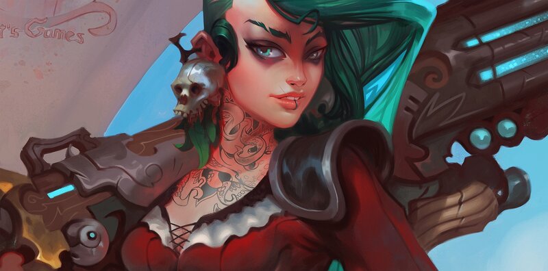 Woman with Tattoos and Skull